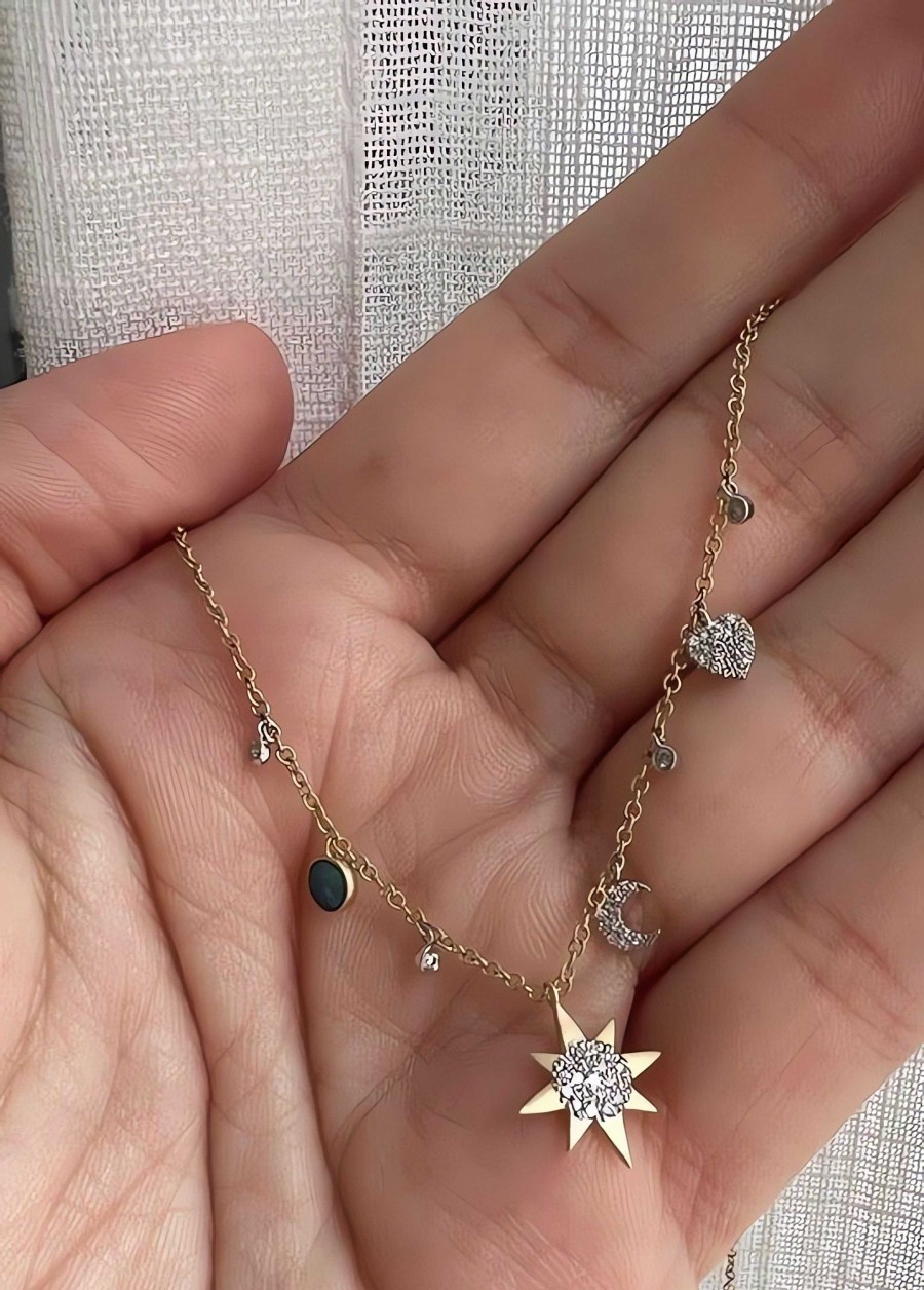 Necklaces Ritani | Meira T 14Kt Gold 0.18 Ctw Dainty Diamond & Opal Starburst Necklace