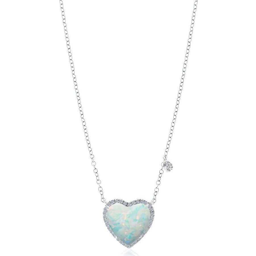 Necklaces Ritani | Meira T 14Kt White Gold 0.07 Ctw Diamond & White Opal Heart Necklace