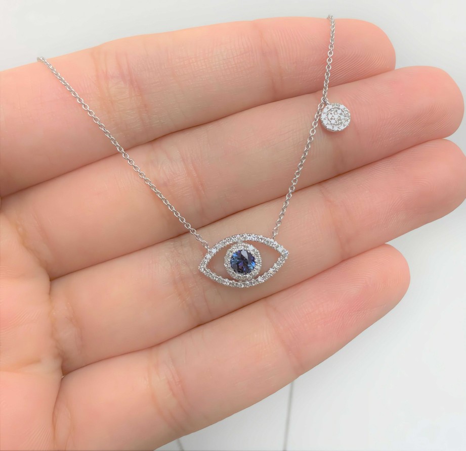 Necklaces Ritani | 14Kt Gold 0.36 Ctw Diamond & Sapphire Evil Eye With Diamond Disc Necklace