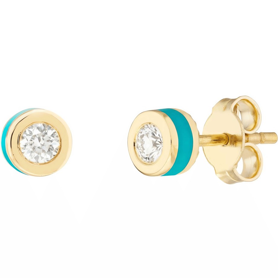 Earrings Ritani | 14Kt Gold 0.17 Ctw Bezel Set Diamond Stud With Turquoise Enamel