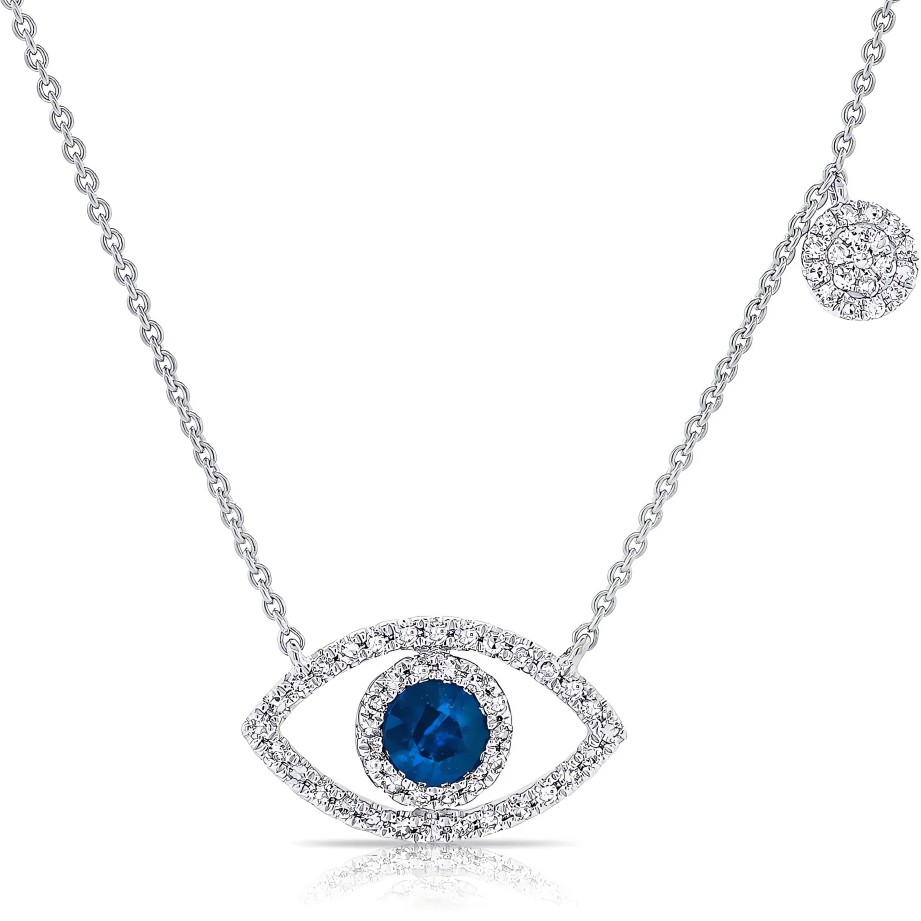 Necklaces Ritani | 14Kt Gold 0.36 Ctw Diamond & Sapphire Evil Eye With Diamond Disc Necklace