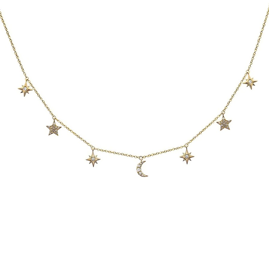 Necklaces Ritani | 14Kt Yellow Gold 0.19 Ctw Star & Moon Diamond Drop Station Necklace