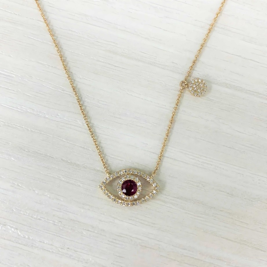 Necklaces Ritani | 14Kt Gold 0.46 Ctw Diamond & Ruby Evil Eye With Diamond Disc Necklace